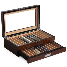 Bon-yp-24-dbr-camel Bonaking Pen Display With 24 Slots Wood Storage Organizer Glass Window Box For Men G