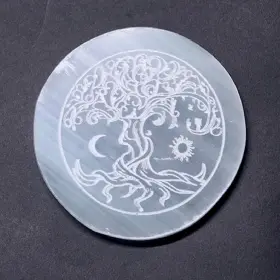 Hz-s1 Healing Zone Selenite Crystal Charging Plate - 3 Inch Engraved Tree Of Life Disc