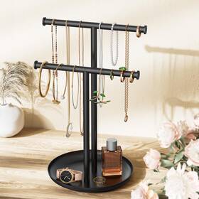 Jasopaco Jpgo-t2 Necklace Rack Stand With Storage Tray - 2 Rods T-shaped Jewelry Holder