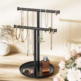 Jpgo-t2 Jasopaco Necklace Rack Stand With Storage Tray - 2 Rods T-shaped Jewelry Holder