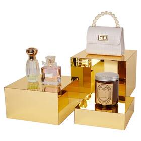 Jolboldy Sx-5mhz-j 3 Pcs Gold Acrylic Risers Display Stands Mirrored Nesting Cube Boxes Pedesta