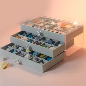 J-2024 Juelwry Acrylic Mineral Display Case - 3-layer Rock Collection Box With 54 Grids And Ve