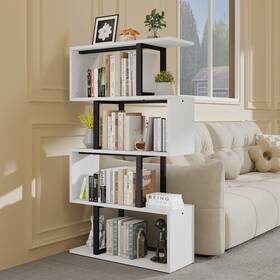 Taus Beysh0007462be 5-tier White Bookshelf Geometric Bookcase Freestanding S-shaped Display Shelf