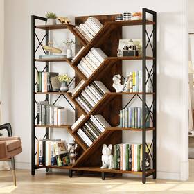 Taus Beysh0008353be 5 Tier Large Bookshelf Bookcase Standing Tree Wide Industrial Display Shelves