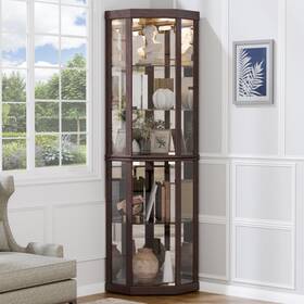 Trygoal 684514808989 Lighted 3-side Glass Display Curio Cabinet Accent Wooden Corner With