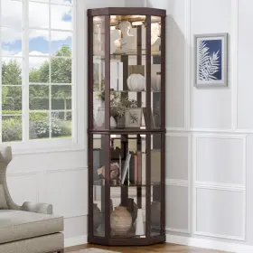 Trygoal 684514808989 Lighted 3-side Glass Display Curio Cabinet Accent Wooden Corner With