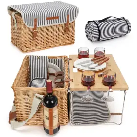 B09ckn66y8 Willow Weave Wicker Picnic Basket For 4 Person Kit Hamper Serv... Fast Ship
