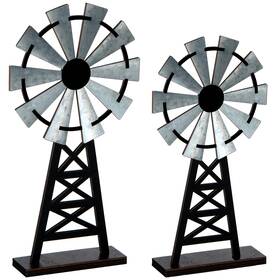 Yalikop Windmill-58 Set Of 2 Wooden Farmhouse Windmill Table Top Decor Wood Small Gray