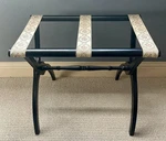 Vtg Cottage Core Wooden Folding Luggage Rack Curved Legs Floral Tapestry Straps Used. Price: $50.00.